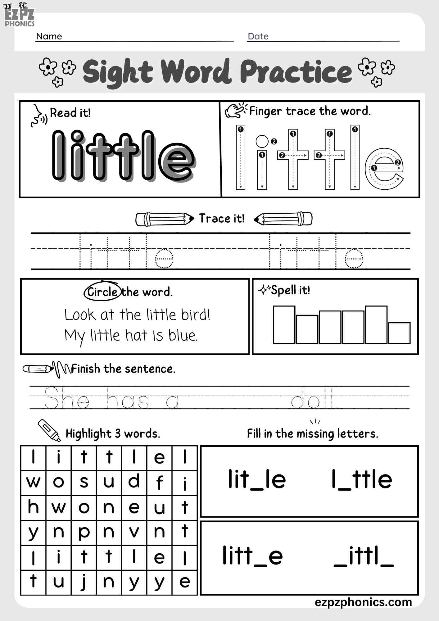 "Little" Dolch Sight Word Worksheet – Fun Activity for Early Readers Free PDF Download